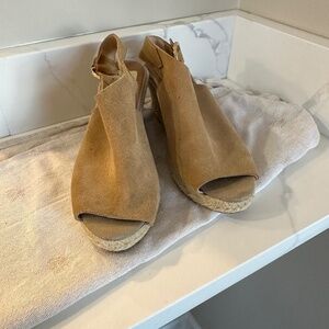 Wedge, suede, peep toe sandals.